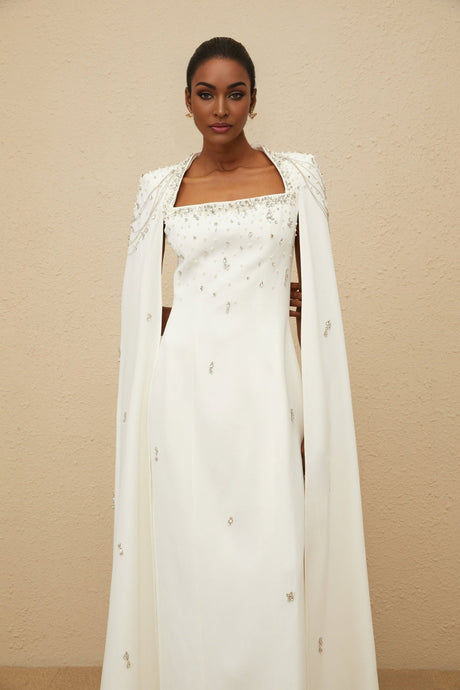Chelsea Gown - Square Neck - Fitted Waistline - Cape Design - Embellished Details - Rear Slit