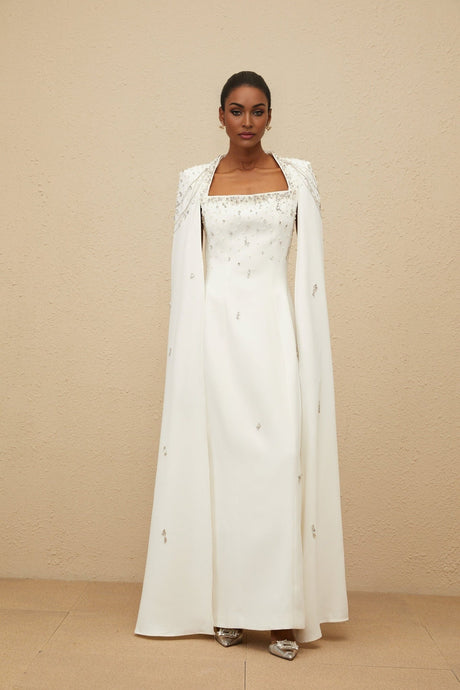 Chelsea Gown - Square Neck - Fitted Waistline - Cape Design - Embellished Details - Rear Slit