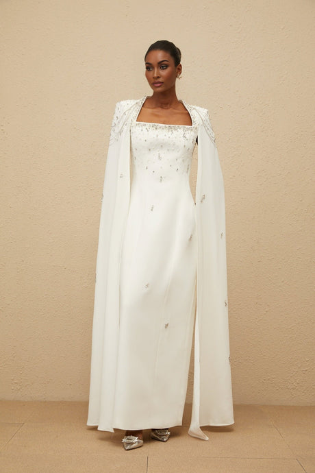 Chelsea Gown - Square Neck - Fitted Waistline - Cape Design - Embellished Details - Rear Slit