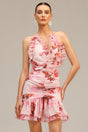 Chelsea Pink Floral Print Ruffled Neckline Dress