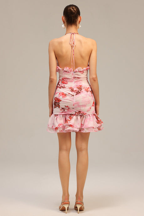 Chelsea Pink Floral Print Ruffled Neckline Dress