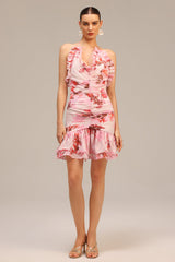 Chelsea Pink Floral Ruffle Neckline Dress
