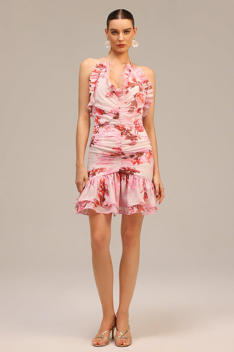 Chelsea Pink Floral Ruffle Neckline Dress