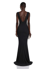 Cherish Black UNeck Ruched Maxi Dress