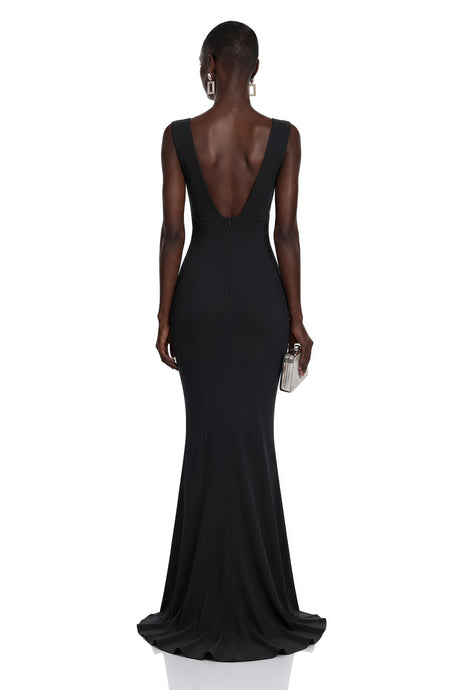 Cherish Black UNeck Ruched Maxi Dress