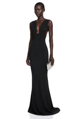 Cherish Black UNeck Ruched Maxi Dress
