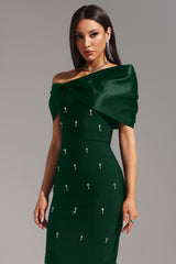 Cherish Green One-Shoulder Bow Detail Diamond Embellished Bodycon Dress