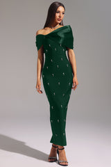 Cherish Green One-Shoulder Bow Detail Diamond Embellished Bodycon Dress