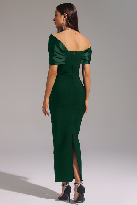 Cherish Green One Shoulder Bow Detail Diamond Embellished Bodycon Dress