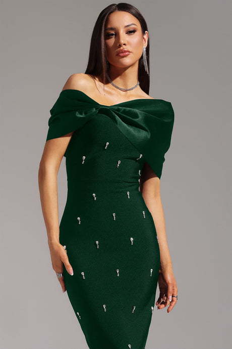 Cherish Green One Shoulder Bow Detail Diamond Embellished Bodycon Dress