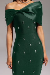 Cherish Green One Shoulder Bow Detail Dress with Diamond-like Embellishments