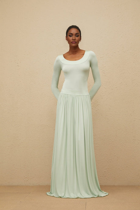 Cherish Maxi Dress - Mint Green - Long Sleeve - Open Back - Self - Tie