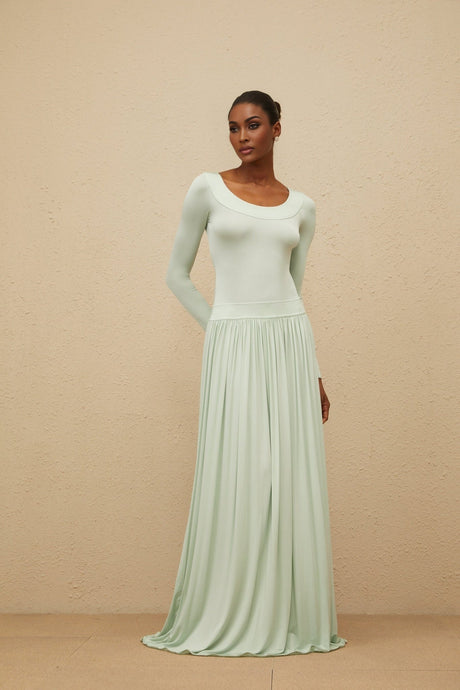 Cherish Maxi Dress - Mint Green - Long Sleeve - Open Back - Self - Tie