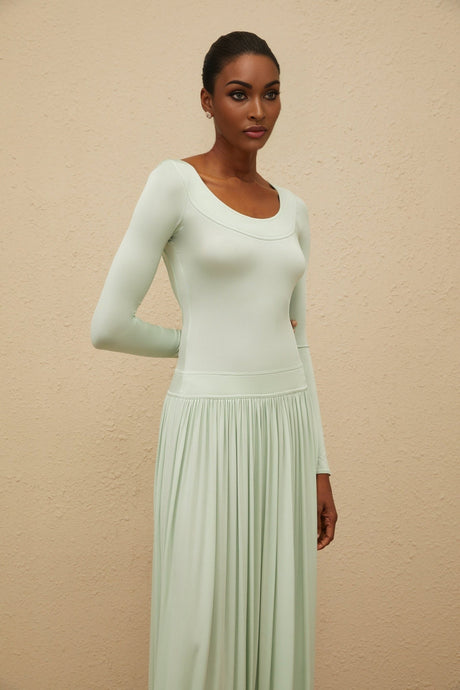Cherish Maxi Dress - Mint Green - Long Sleeve - Open Back - Self - Tie