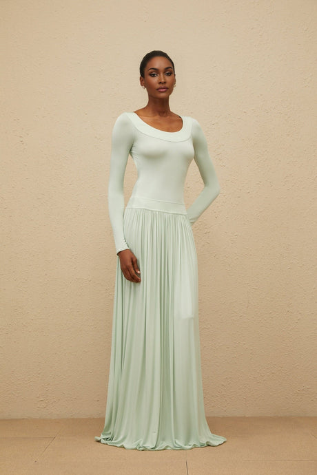 Cherish Maxi Dress - Mint Green - Long Sleeve - Open Back - Self - Tie