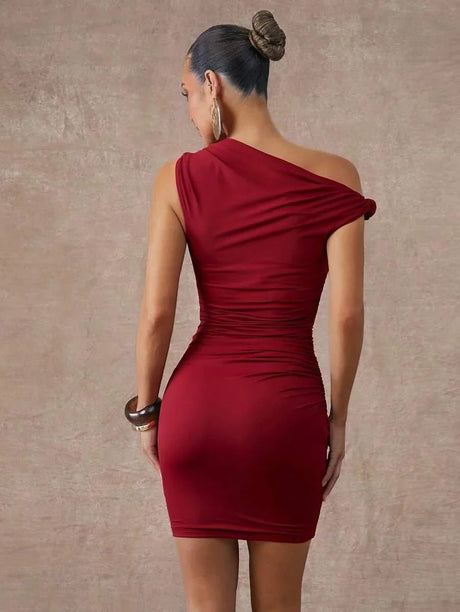 Cherish Mini Dress - Asymmetrical Neck - Elegant Ruched Zipper - Bodycon - Slim Fit