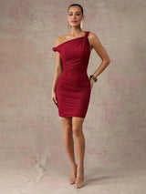 Cherish Mini Dress - Asymmetrical Neck - Elegant Ruched Zipper - Bodycon - Slim Fit