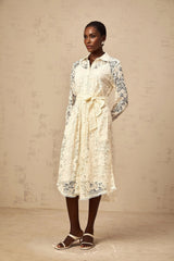 Cheyenne Midi Dress Neutrals Guipure - Lace Calf - Length Shirt & Tied Waist