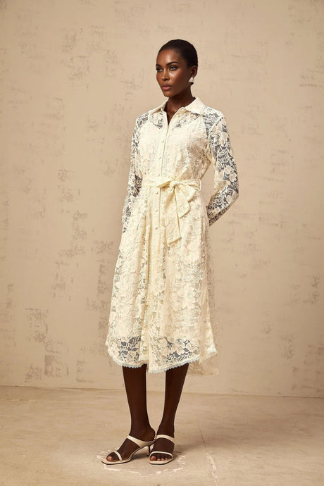 Cheyenne Midi Dress Neutrals Guipure - Lace Calf - Length Shirt & Tied Waist