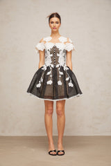 Cheyenne Mini Dress - Color Blocked Design - Cap Sleeves - Cinched Waist - Pleated Detailing