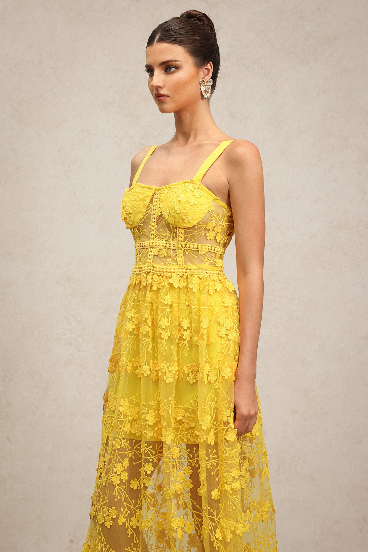 Cheyenne Yellow Lace Floral Dress for Women Elegant Chic Garden Party Evening Outfit