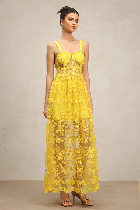 Cheyenne Yellow Lace Floral Dress for Women Garden Party Evening Outfit