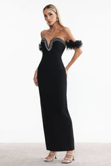Chiara Black Formal Event Gown Off-Shoulder Neckline Rhinestone Detailing Fitted Silhouette Maxi Length Ruffled Sleeves Gala Wedding Dinner Elegant Sophisticated Luxurious Chic Fabulous Stylish Confidence