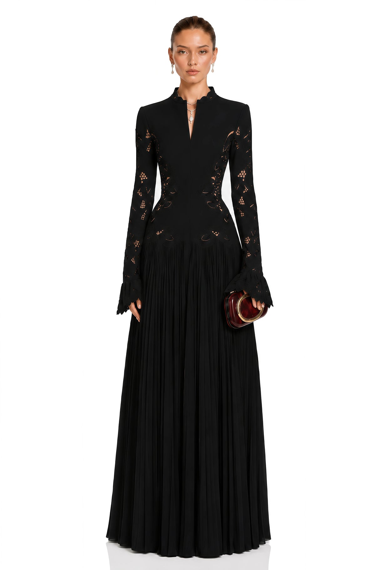 Chiara Black Lace Panel Pleated Midi Dress