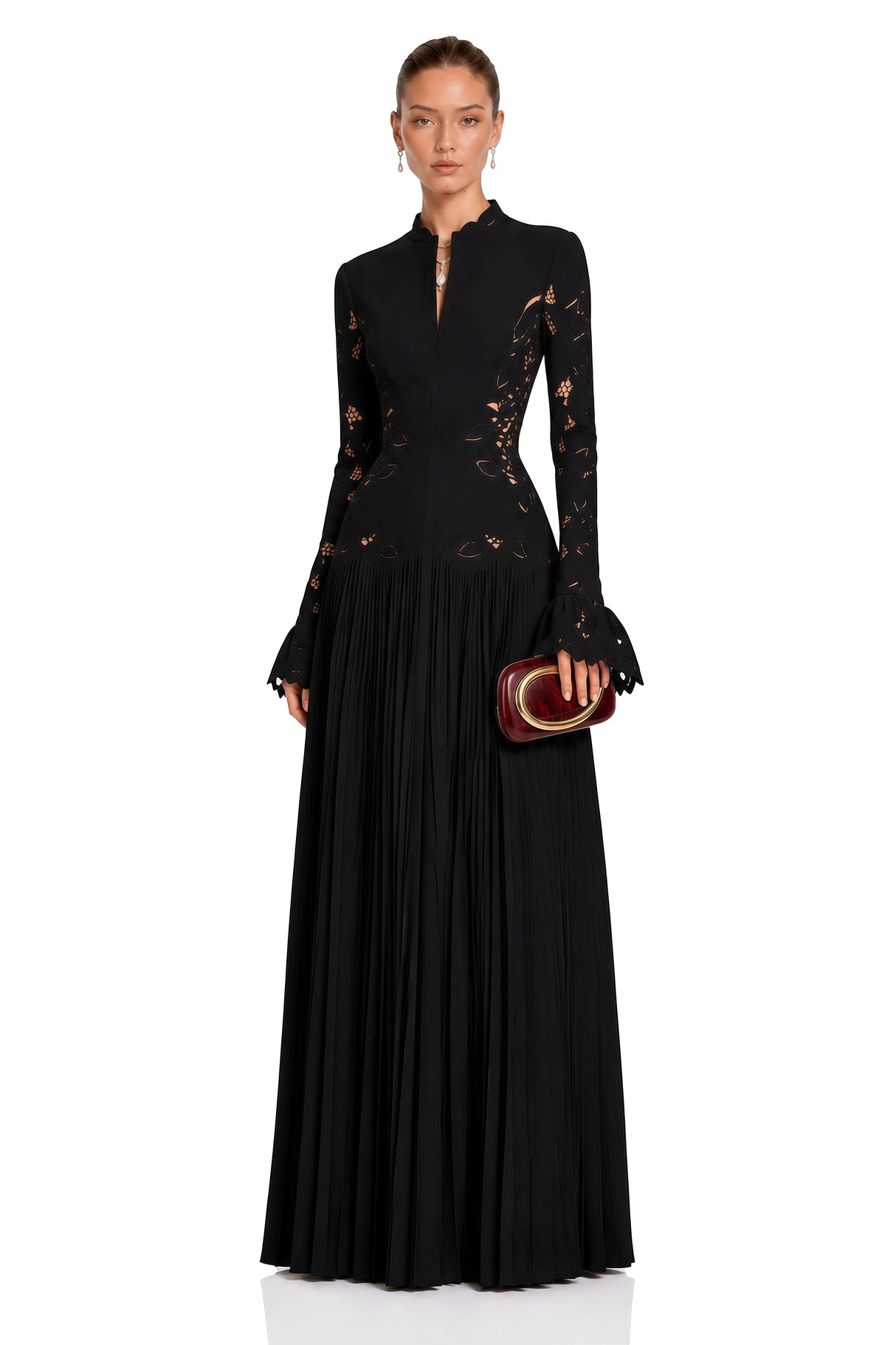 Chiara Black Lace Panel Pleated Midi Dress