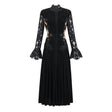 Chiara Black Lace Panel Pleated Midi Dress