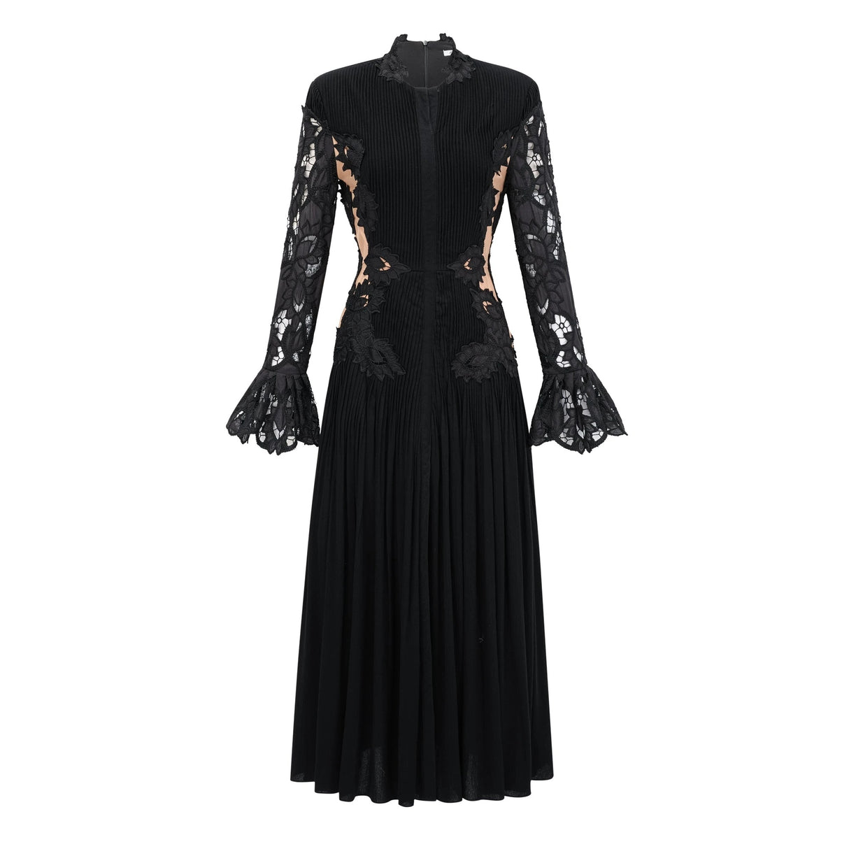 Chiara Black Lace Panel Pleated Midi Dress