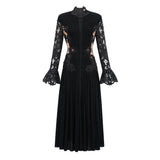 Chiara Black Lace Panel Pleated Midi Dress