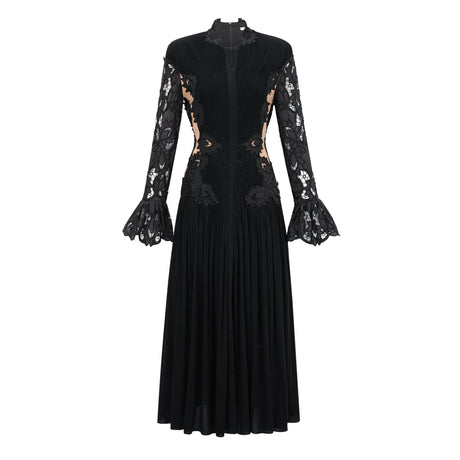 Chiara Black Lace Panel Pleated Midi Dress