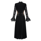 Chiara Black Lace Panel Pleated Midi Dress