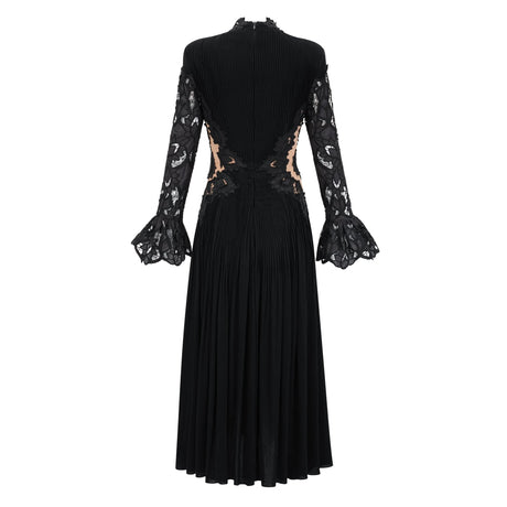 Chiara Black Lace Panel Pleated Midi Dress
