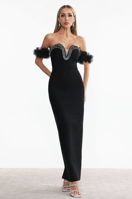 Chiara Black Off-Shoulder Rhinestone Detail Maxi Dress