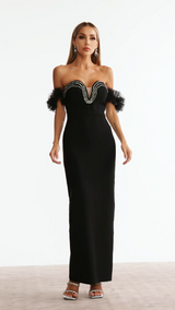 Chiara Black Off-Shoulder Rhinestone Detail Maxi Dress