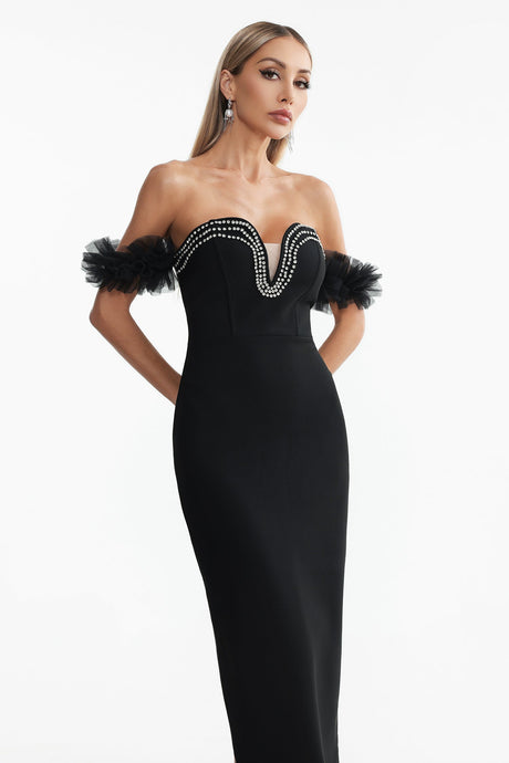 Chiara Black Off-Shoulder Rhinestone Detail Maxi Dress