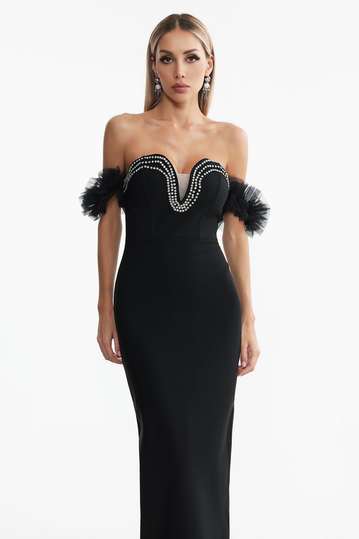 Chiara Black Off-Shoulder Rhinestone Detail Maxi Dress