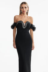 Chiara Black Off-Shoulder Rhinestone Detail Maxi Dress