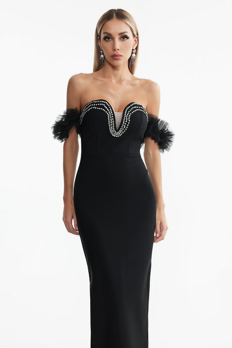 Chiara Black Off-Shoulder Rhinestone Detail Maxi Dress