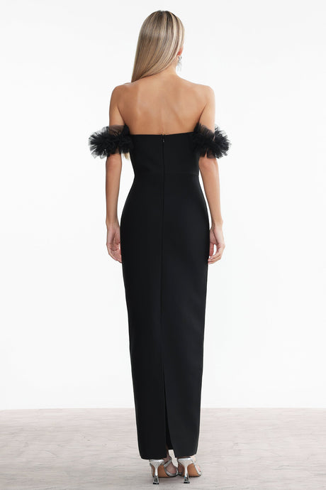 Chiara Black Rhinestone Off-Shoulder Maxi Dress