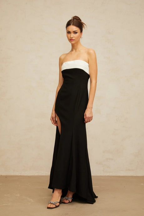 Chiara Maxi Dress Black Color - Block Off - Shoulder Slit Hem Zip Elegant Appeal