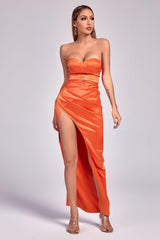 Chiara Orange Satin Strapless Dress with Slit Detail and Belt