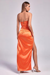 Chiara Orange Satin Strapless Dress with Slit Detail and Belt