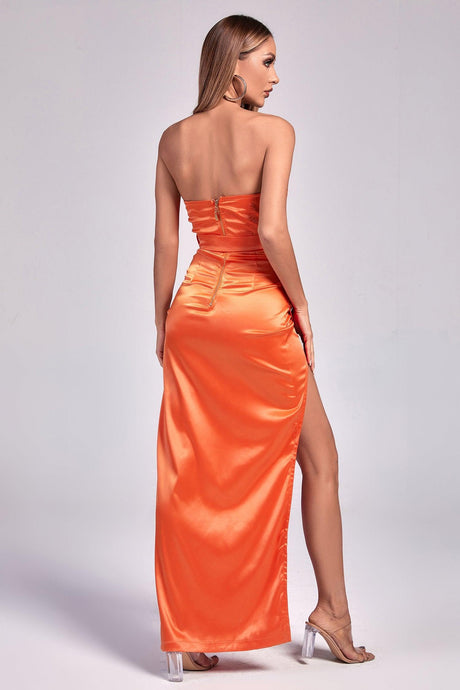 Chiara Orange Satin Strapless Dress with Slit Detail and Belt