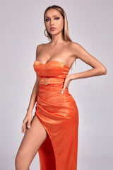 Chiara Orange Satin Strapless Dress with Slit Detail and Belt