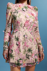 Chiara Pink Floral Mini Dress with Long Sleeves and Round Neckline