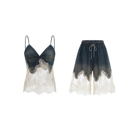 Chiara Top & Shorts - Denim Blend - Lace Detailing - Elasticated Waistband - Side Pockets
