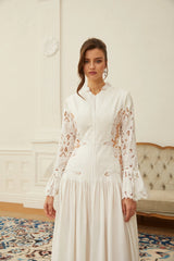 Chiara White Lace Panel Pleated Midi Dress